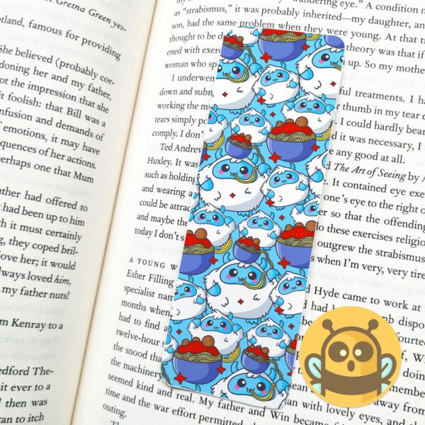 This image shows an hand-drawn adorable bookmark, Yeti Spaghetti Bookmark, which is available to purchase from HunnieByte.com