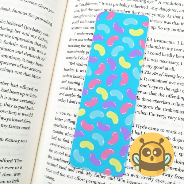 This image shows an hand-drawn adorable bookmark, Jellybeans Blue Bookmark, which is available to purchase from HunnieByte.com