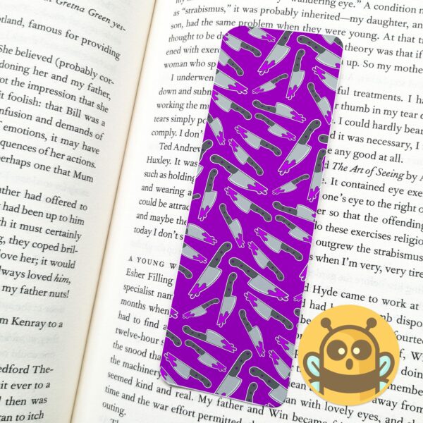 This image shows an hand-drawn adorable bookmark, Stabby Knife Purple Bookmark, which is available to purchase from HunnieByte.com