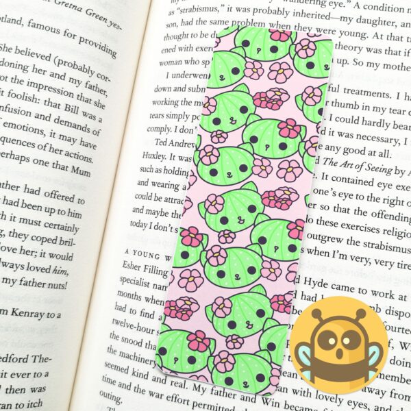 This image shows an hand-drawn adorable bookmark, Cacticat Pink Bookmark, which is available to purchase from HunnieByte.com