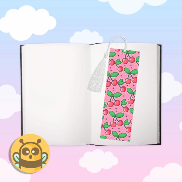 This image shows an hand-drawn adorable bookmark, Juicy Cherry Bookmark, which is available to purchase from HunnieByte.com