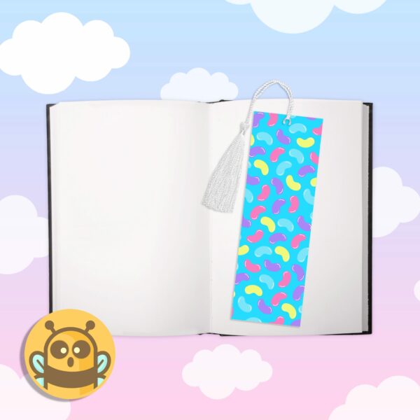 This image shows an hand-drawn adorable bookmark, Jellybeans Blue Bookmark, which is available to purchase from HunnieByte.com