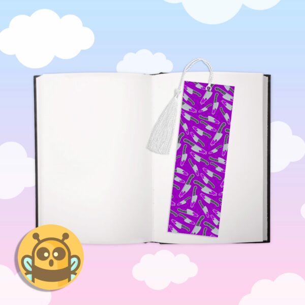 This image shows an hand-drawn adorable bookmark, Stabby Knife Purple Bookmark, which is available to purchase from HunnieByte.com