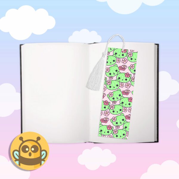 This image shows an hand-drawn adorable bookmark, Cacticat Pink Bookmark, which is available to purchase from HunnieByte.com