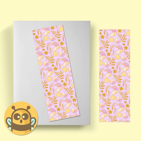 This image shows an hand-drawn adorable bookmark, Celestial Moon Gold Bookmark, which is available to purchase from HunnieByte.com