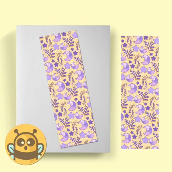 This image shows an hand-drawn adorable bookmark, Celestial Moon Purple and Gold Bookmark, which is available to purchase from HunnieByte.com