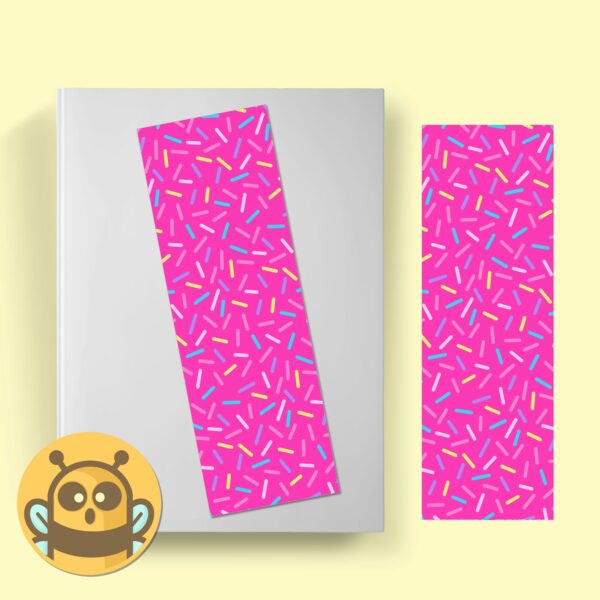 This image shows an hand-drawn adorable bookmark, Confetti Pink Bookmark, which is available to purchase from HunnieByte.com