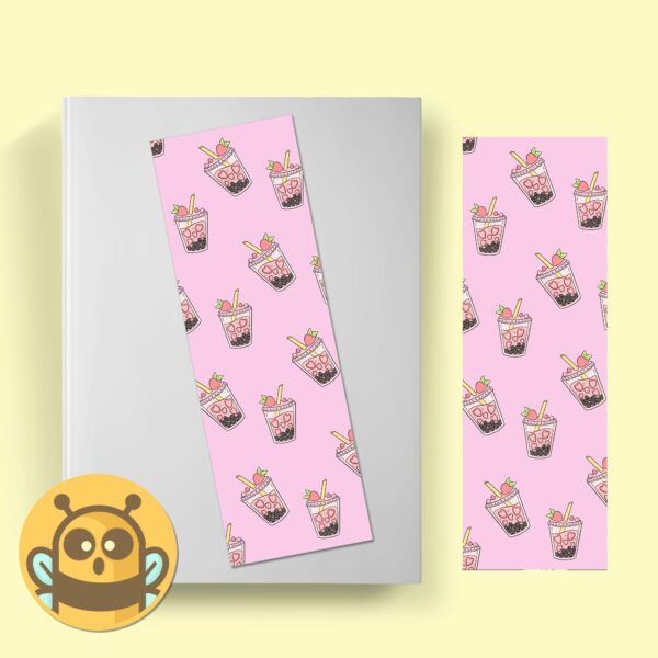 This image shows an hand-drawn adorable bookmark, Strawberry Boba Bookmark, which is available to purchase from HunnieByte.com