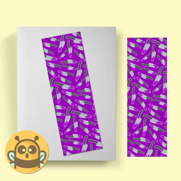 This image shows an hand-drawn adorable bookmark, Stabby Knife Purple Bookmark, which is available to purchase from HunnieByte.com