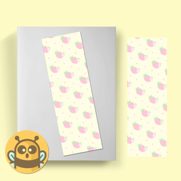 This image shows an hand-drawn adorable bookmark, Dreamy Strawberry Bookmark, which is available to purchase from HunnieByte.com