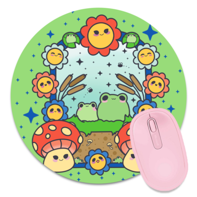 This image shows an hand-drawn adorable mousepad, Froggy Paradise Mousepad, which is available to purchase from HunnieByte.com