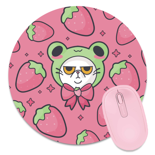 This image shows an hand-drawn adorable mousepad, Grompy Kitty With Frog Hat Mousepad, which is available to purchase from HunnieByte.com