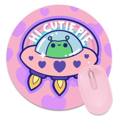 This image shows an hand-drawn adorable mousepad, Hi Cutie Pie Alien Mousepad, which is available to purchase from HunnieByte.com