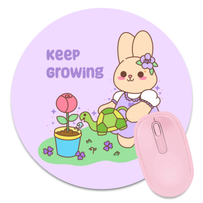 This image shows an hand-drawn adorable mousepad, Lavender The Bunny Keep Growing Mousepad, which is available to purchase from HunnieByte.com