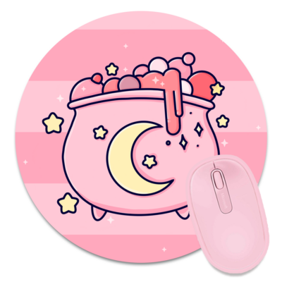 This image shows an hand-drawn adorable mousepad, Pink Moon Cauldron Mousepad, which is available to purchase from HunnieByte.com