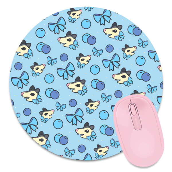 This image shows an hand-drawn adorable mousepad, Blueberry Possum Mousepad, which is available to purchase from HunnieByte.com