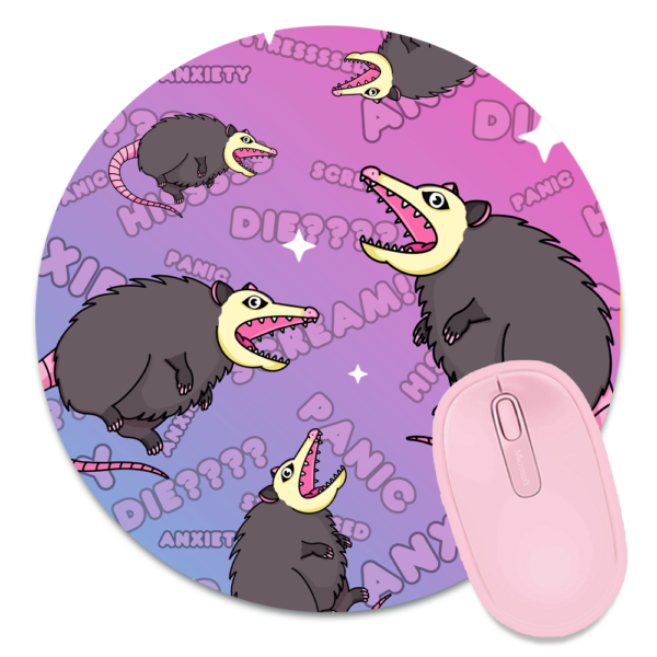 This image shows an hand-drawn adorable mousepad, Screaming Possum Mousepad, which is available to purchase from HunnieByte.com