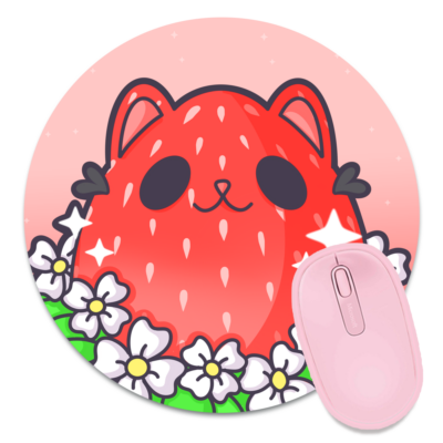 This image shows an hand-drawn adorable mousepad, Kitty Berry Mousepad, which is available to purchase from HunnieByte.com