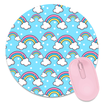 This image shows an hand-drawn adorable mousepad, Blue Rainbow Mousepad, which is available to purchase from HunnieByte.com