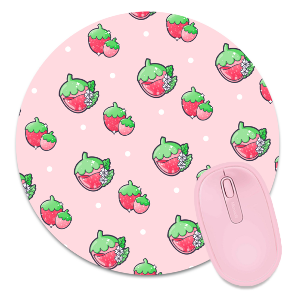 This image shows an hand-drawn adorable mousepad, Juicy Strawberry Mousepad, which is available to purchase from HunnieByte.com