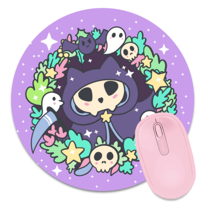 This image shows an hand-drawn adorable mousepad, Kitty Reaper Mousepad, which is available to purchase from HunnieByte.com