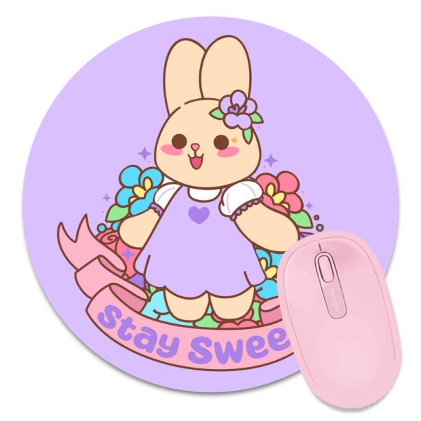 This image shows an hand-drawn adorable mousepad, Lavender The Bunny Stay Sweet Mousepad, which is available to purchase from HunnieByte.com