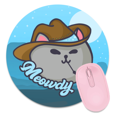 This image shows an hand-drawn adorable mousepad, Meowdy Meowboy Mousepad, which is available to purchase from HunnieByte.com