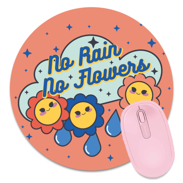 This image shows an hand-drawn adorable mousepad, No Rain No Flowers Mousepad, which is available to purchase from HunnieByte.com