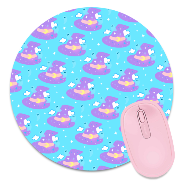 This image shows an hand-drawn adorable mousepad, Pastel Witches Hat Mousepad, which is available to purchase from HunnieByte.com