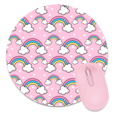 This image shows an hand-drawn adorable mousepad, Pink Rainbows Mousepad, which is available to purchase from HunnieByte.com