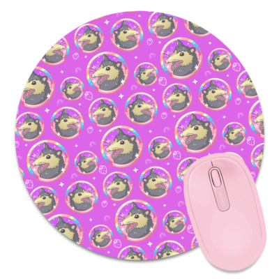 This image shows an hand-drawn adorable mousepad, Rainbow Possum Mousepad, which is available to purchase from HunnieByte.com