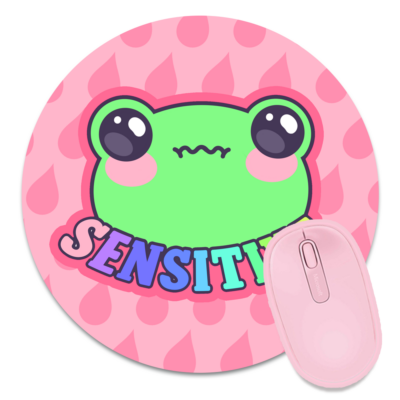 This image shows an hand-drawn adorable mousepad, Sensitive Frog Pink Mousepad, which is available to purchase from HunnieByte.com