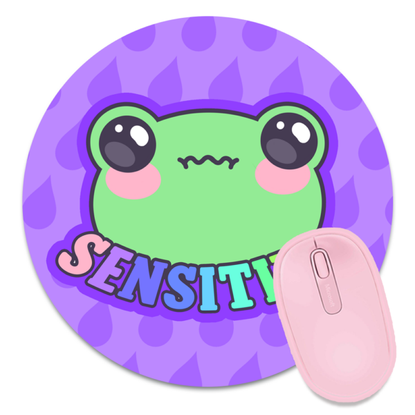 This image shows an hand-drawn adorable mousepad, Sensitive Frog Purple Mousepad, which is available to purchase from HunnieByte.com