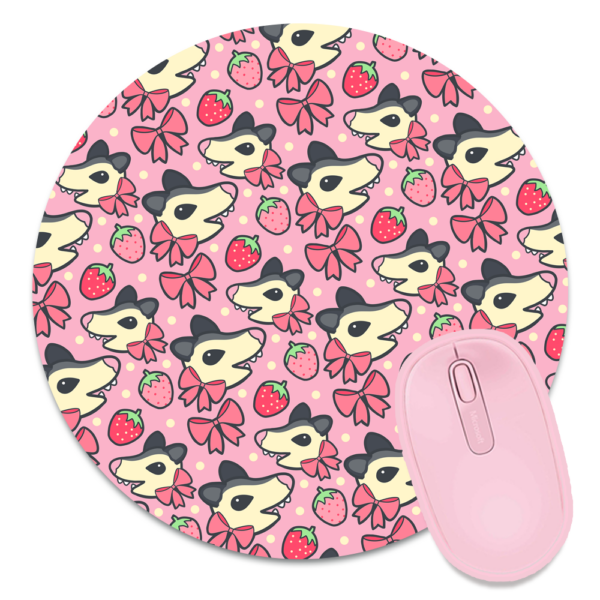 This image shows an hand-drawn adorable mousepad, Strawberry Possum Mousepad, which is available to purchase from HunnieByte.com