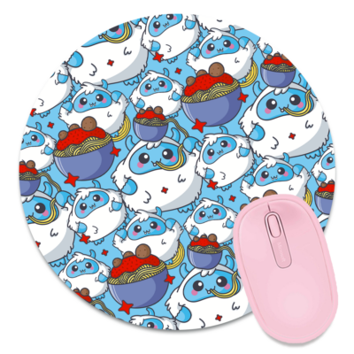 This image shows an hand-drawn adorable mousepad, Yeti Spaghetti Mousepad, which is available to purchase from HunnieByte.com