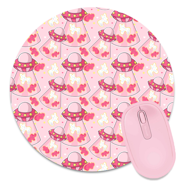 This image shows an hand-drawn adorable mousepad, Animal Cookie UFO Mousepad, which is available to purchase from HunnieByte.com