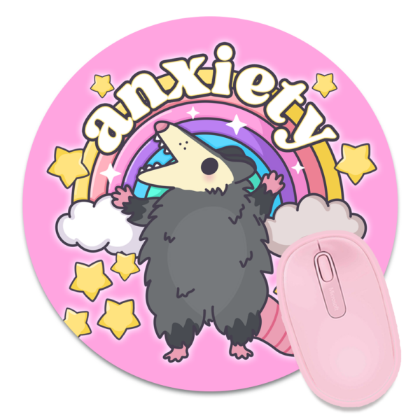 This image shows an hand-drawn adorable mousepad, Anxiety Rainbow Possum Mousepad, which is available to purchase from HunnieByte.com