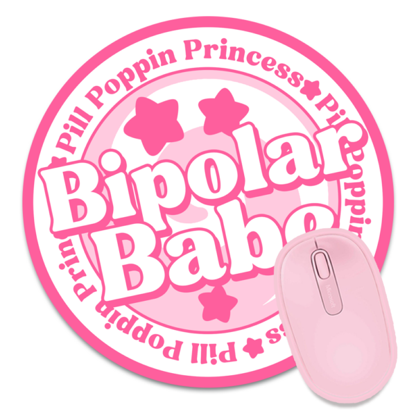 This image shows an hand-drawn adorable mousepad, Bipolar Babe Mousepad, which is available to purchase from HunnieByte.com