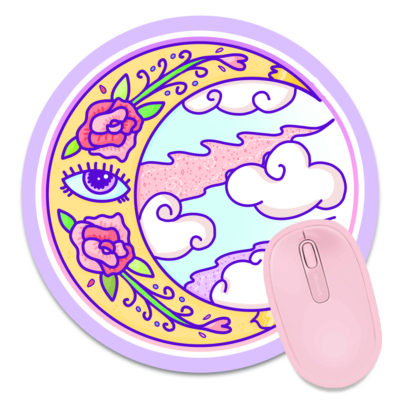 This image shows an hand-drawn adorable mousepad, Celestial Moon Mousepad, which is available to purchase from HunnieByte.com