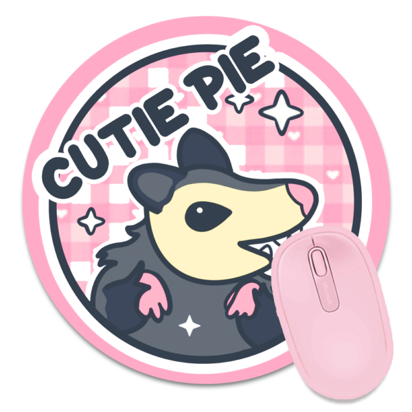 This image shows an hand-drawn adorable mousepad, Cutie Pie Possum Mousepad, which is available to purchase from HunnieByte.com