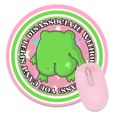 This image shows an hand-drawn adorable mousepad, Disassociate Frog Mousepad, which is available to purchase from HunnieByte.com