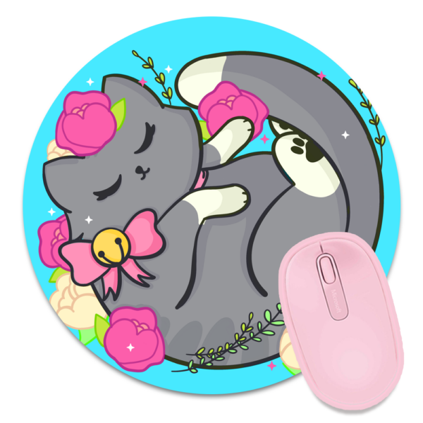 This image shows an hand-drawn adorable mousepad, Floral Gray Kitty Mousepad, which is available to purchase from HunnieByte.com