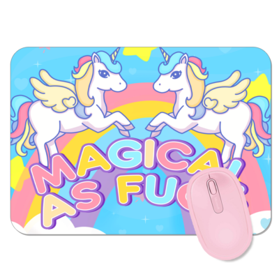 This image shows an hand-drawn adorable mousepad, Magical As Fuck Unicorn Mousepad, which is available to purchase from HunnieByte.com