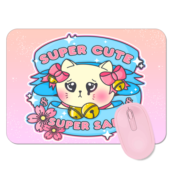 This image shows an hand-drawn adorable mousepad, Super Cute Super Sad Cat Mousepad, which is available to purchase from HunnieByte.com