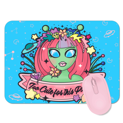 This image shows an hand-drawn adorable mousepad, Too Cute For This Planet Mousepad, which is available to purchase from HunnieByte.com