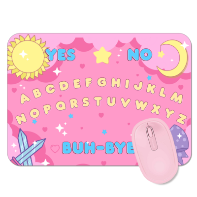 This image shows an hand-drawn adorable mousepad, BuhBye Pink Sword Ouija Mousepad, which is available to purchase from HunnieByte.com