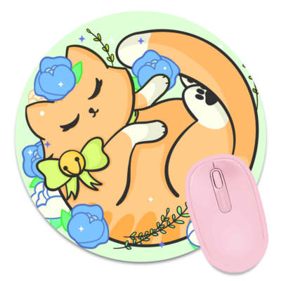 This image shows an hand-drawn adorable mousepad, Floral Orange Kitty Mousepad, which is available to purchase from HunnieByte.com