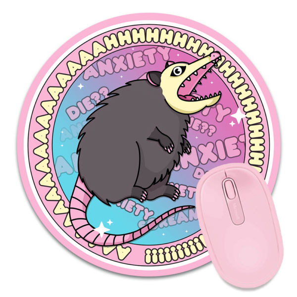 This image shows an hand-drawn adorable mousepad, Ahhh Round Possum Mousepad, which is available to purchase from HunnieByte.com