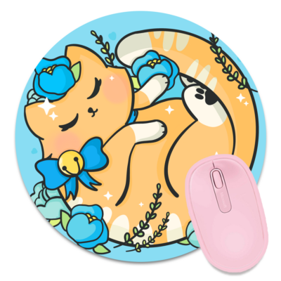 This image shows an hand-drawn adorable mousepad, Floral Tabby Kitty Mousepad, which is available to purchase from HunnieByte.com