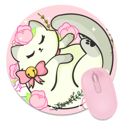 This image shows an hand-drawn adorable mousepad, Floral White Kitty Mousepad, which is available to purchase from HunnieByte.com